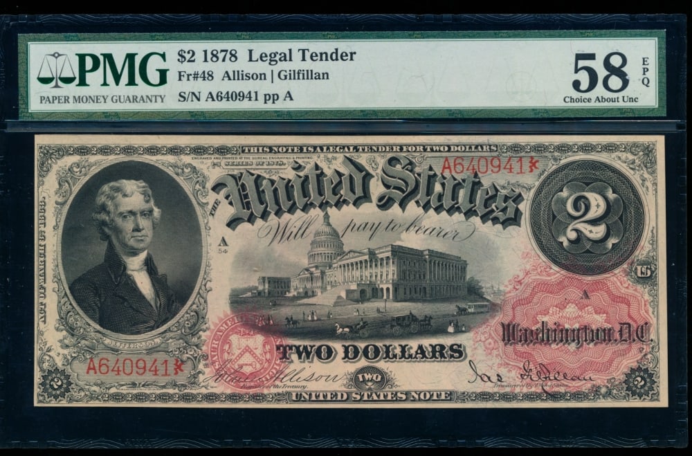 1878 $2 Legal Tender Note PMG 58EPQ: One 1878 $2 Legal Tender Note PMG 58EPQ.