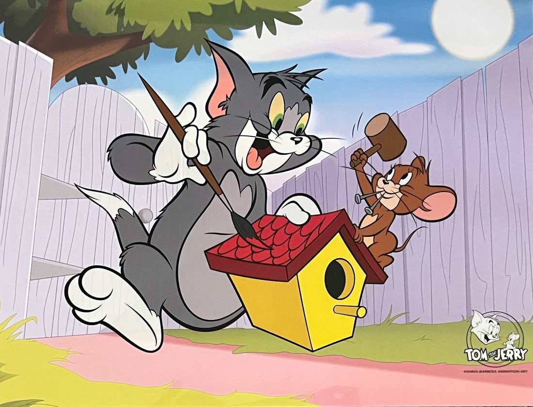 TOM & JERRY Birdhouse Sericel Animation Art Cel Hanna Barbera: This is a Limited Edition Sericel of Tom and Jerry titled Birdhouse. This fantastic animation features Tom and Jerry as they appeared in the original animated cartoon. Measures 11 inches x 14 inches. 