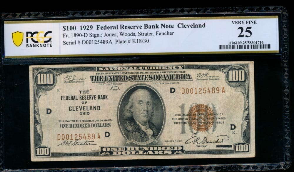 1929 $100 Cleveland FRBN PCGS 25 (1 of 2)
