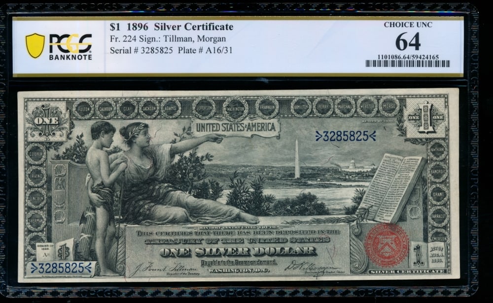 1896 $1 Educational Silver Certificate PCGS 64: One 1896 $1 Educational Silver Certificate PCGS 64.