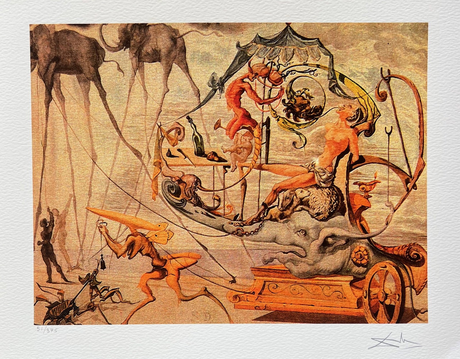 Salvador Dali BACCHUS WAGON Facsimile Signed Numbered Giclee: This is a limited edition giclee titled BACCHUS WAGON by Salvador Dali. This piece is facsimile signed on the lower right. Pencil numbered from an edition of 375. Paper measures 12 inches x 16 inches.