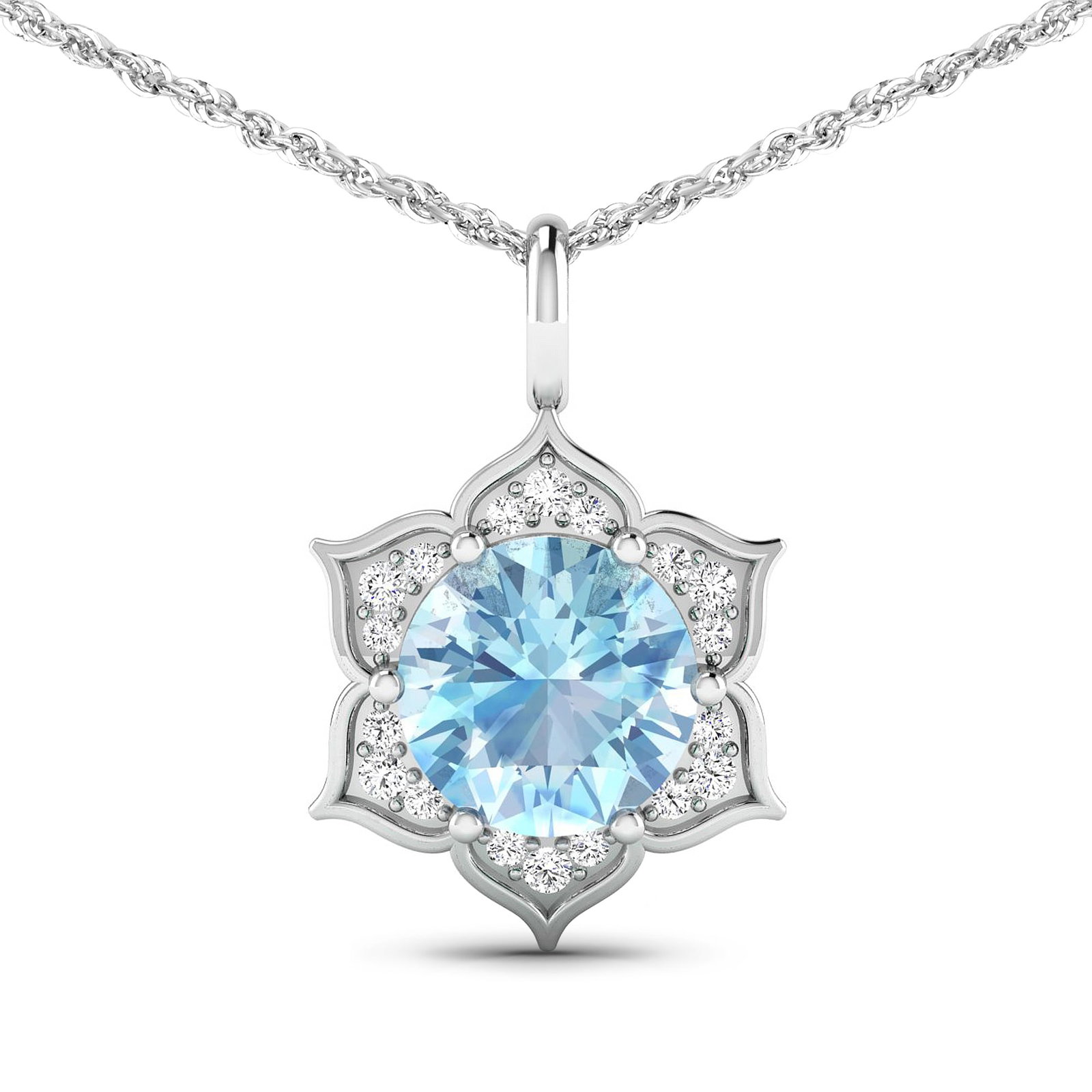 14KT White Gold 1.9ctw Aquamarine and Diamond Pendant: Aquamarine (AA+) Round 8.00mm - 1Pc + White Diamond F/C Round 1.30mm - 6Pcs + White Diamond F/C Round 1.10mm - 12Pcs ( SI2/HI color ) Total weight of gemstone is 1.9cts. Total Diamond weight is 0.14ct