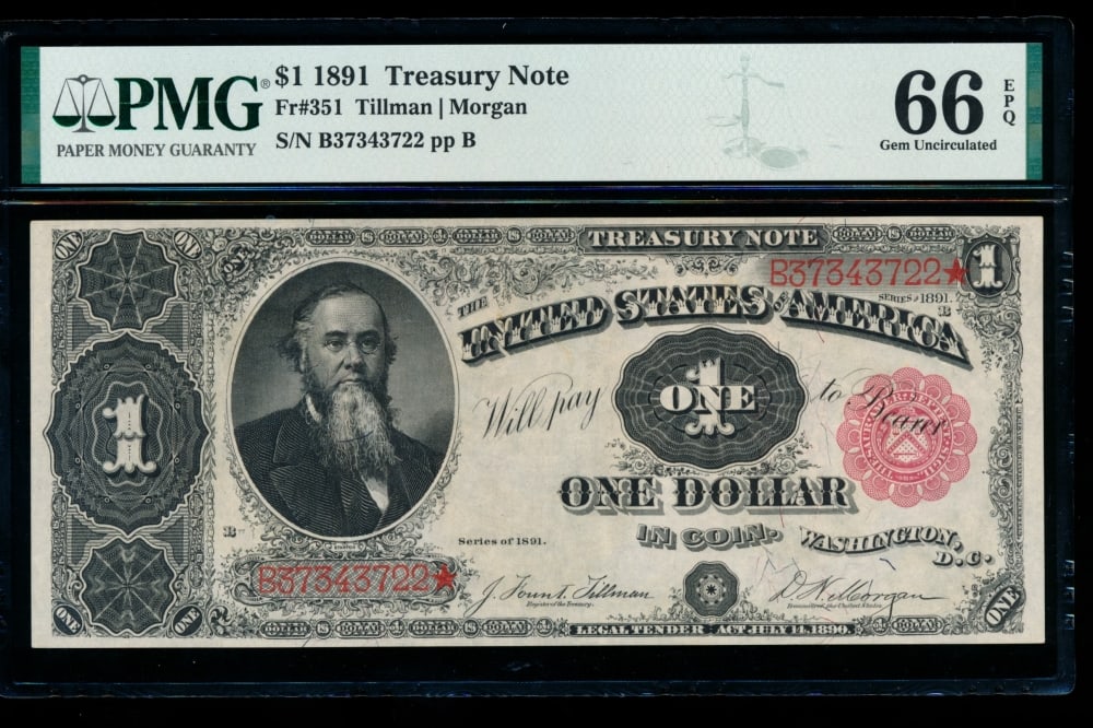 1891 $1 Treasury Note PMG 66EPQ: One 1891 $1 Treasury Note PMG 66EPQ.