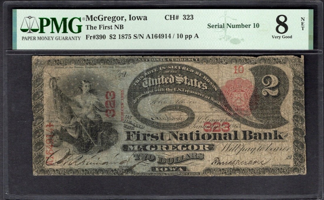 1875 $2 Lazy Deuce McGregor IA National PMG 8NET: One 1875 $2 Lazy Deuce McGregor IA National PMG 8NET.