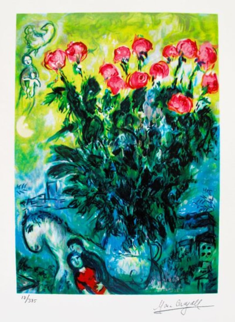Marc Chagall LES ROSES Facsimile Signed Limited Edition Giclee: This is a Marc Chagall limited edition small giclee titled LES ROSES. This giclee is facsimile signed on the lower right and is pencil numbered on the lower left from an edition of 375. Paper measures