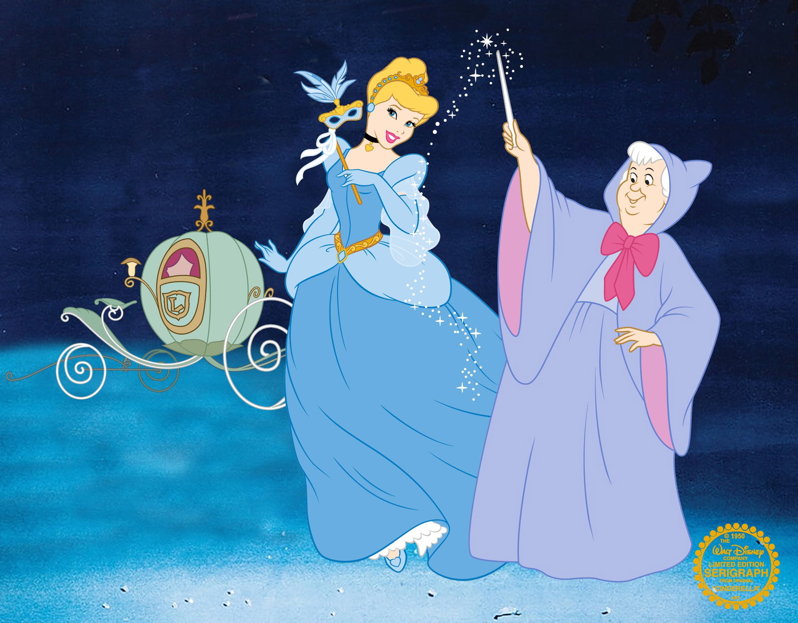 Disney CINDERELLA FAIRY GODMOTHER Sericel Animation Art Serigraph Cel: This is a Disney Limited Edition Serigraph Cel of Cinderella and her Fairy Godmother. Disneys own artists have selected this scene from the original animation drawings used to produce this classic Dis