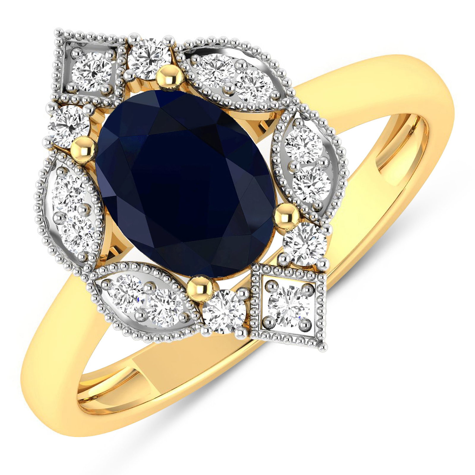 14KT Yellow Gold 1.3ctw Blue Sapphire and Diamond Ring: Blue Sapphire (AA) Oval 8x6mm - 1Pc + White Diamond F/C Round 1.50mm - 14Pcs ( White Pan Rhodium ) ( I1-I2/I color ) Total weight of gemstone is 1.3cts. Total Diamond weight is 0.2cts. Total weight of