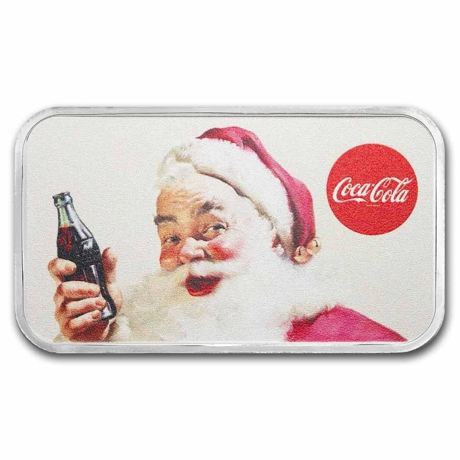Coca Cola 1 oz Colorized Santa Silver Bar: One Coca Cola 1 oz Colorized Santa Silver Bar.