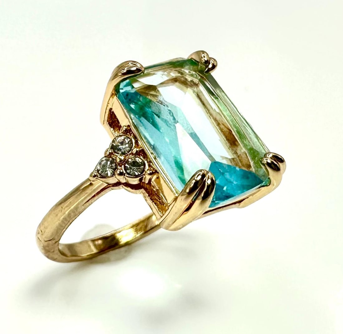 Breathtaking 14 kt Yellow Gold Plate 6.5 Ct Emerald Cut Simulated Sky Blue Topaz Ring (1 of 7)