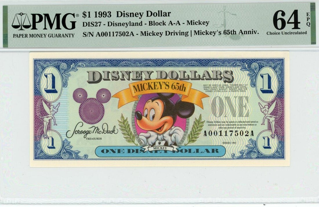 1993 $1 Mickey 65th Anniversary Disney Dollar PMG 64EPQ: One 1993 $1 Mickey 65th Anniversary Disney Dollar PMG 64EPQ.