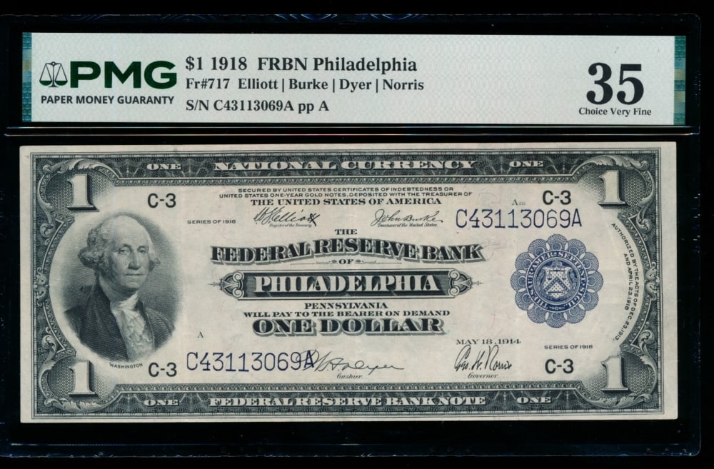 1918 $1 Philadelphia FRBN PMG 35: One 1918 $1 Philadelphia FRBN PMG 35.