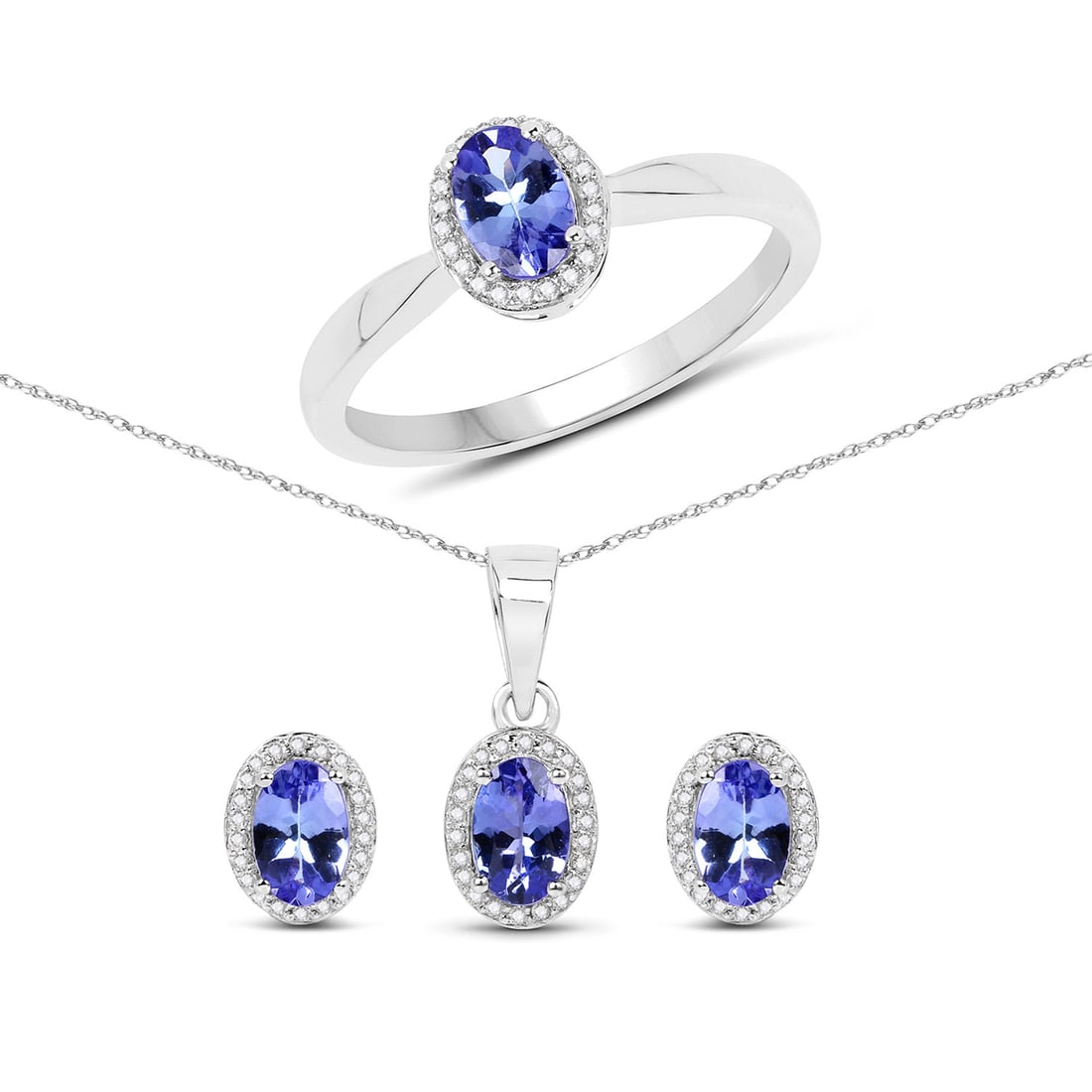 Plated Rhodium 2.02ctw Tanzanite and White Saphire Jewelry Set: This rhodium?plated .925 sterling silver tanzanite jewelry set delivers elegant sparkle with a gross weight of 2.02 grams and a total gemstone weight of 2.02 ctw. The design features four natural, hea