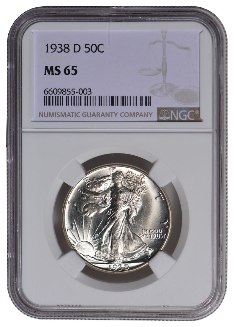 1938-D Walking Liberty Half Dollar NGC MS65: One 1938-D Walking Liberty Half Dollar NGC MS65.