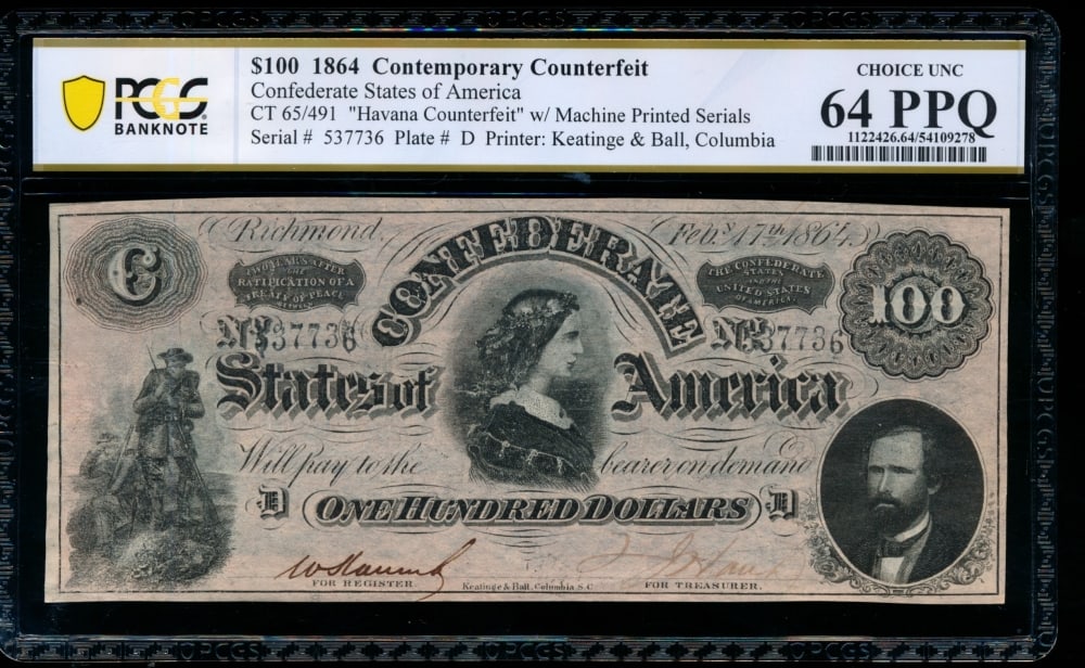 1864 $100 CT-65 Counterfeit Confederate PCGS 64PPQ (1 of 2)