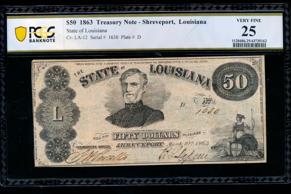 1863 $50 Shreveport LA Obsolete PCGS 25: One 1863 $50 Shreveport LA Obsolete PCGS 25.