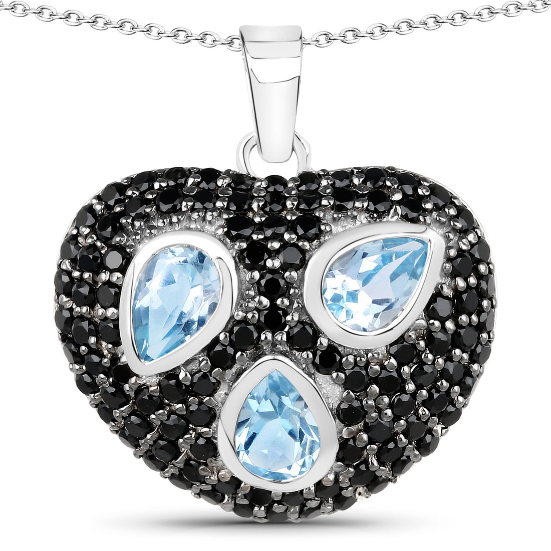Plated Rhodium 1.44ctw Blue Topaz and Black Spinal Pendant with Chain: 3.52 Carat Genuine Blue Topaz and Black Spinel.925 Sterling Silver Pendant. Blue Topaz Pear/6x4mm - 3/1.44 ctw Prong Setting Natural Irradiated E + Black Spinel Round/1.50mm - 104/2.08 ctw Natural Not