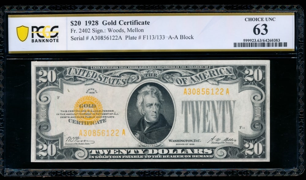 1928 $20 Gold Certificate PCGS 63: One 1928 $20 Gold Certificate PCGS 63.