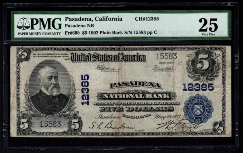 1902 $5 Pasadena CA National PMG 25 (1 of 2)