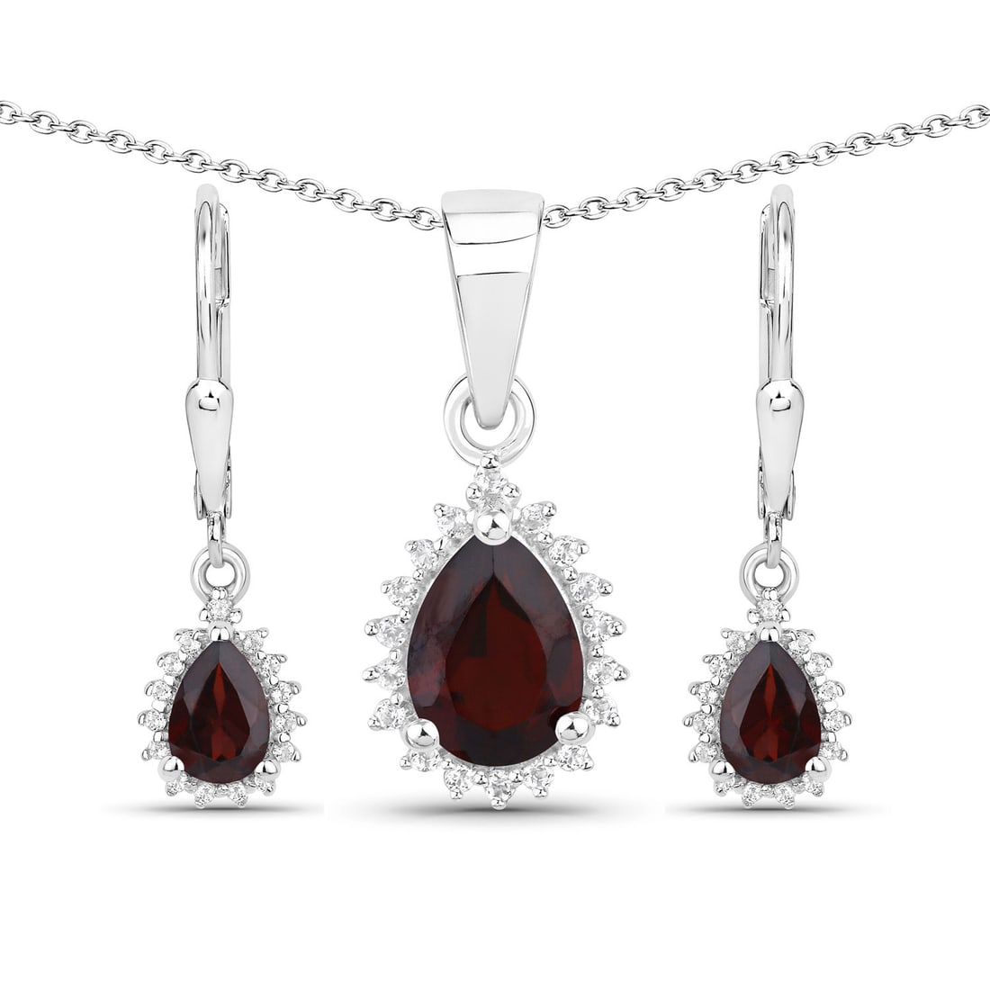 Sterling Silver 1.88ctw Garnet and White Topaz Jewelry Set: Pear?cut garnets shapes this rhodium?plated .925 sterling silver jewelry set, featuring one 7?5?mm pear (0.79?ctw) and two 6?4?mm pears (0.90?ctw) as the primary stones. Forty?eight round white topaz 