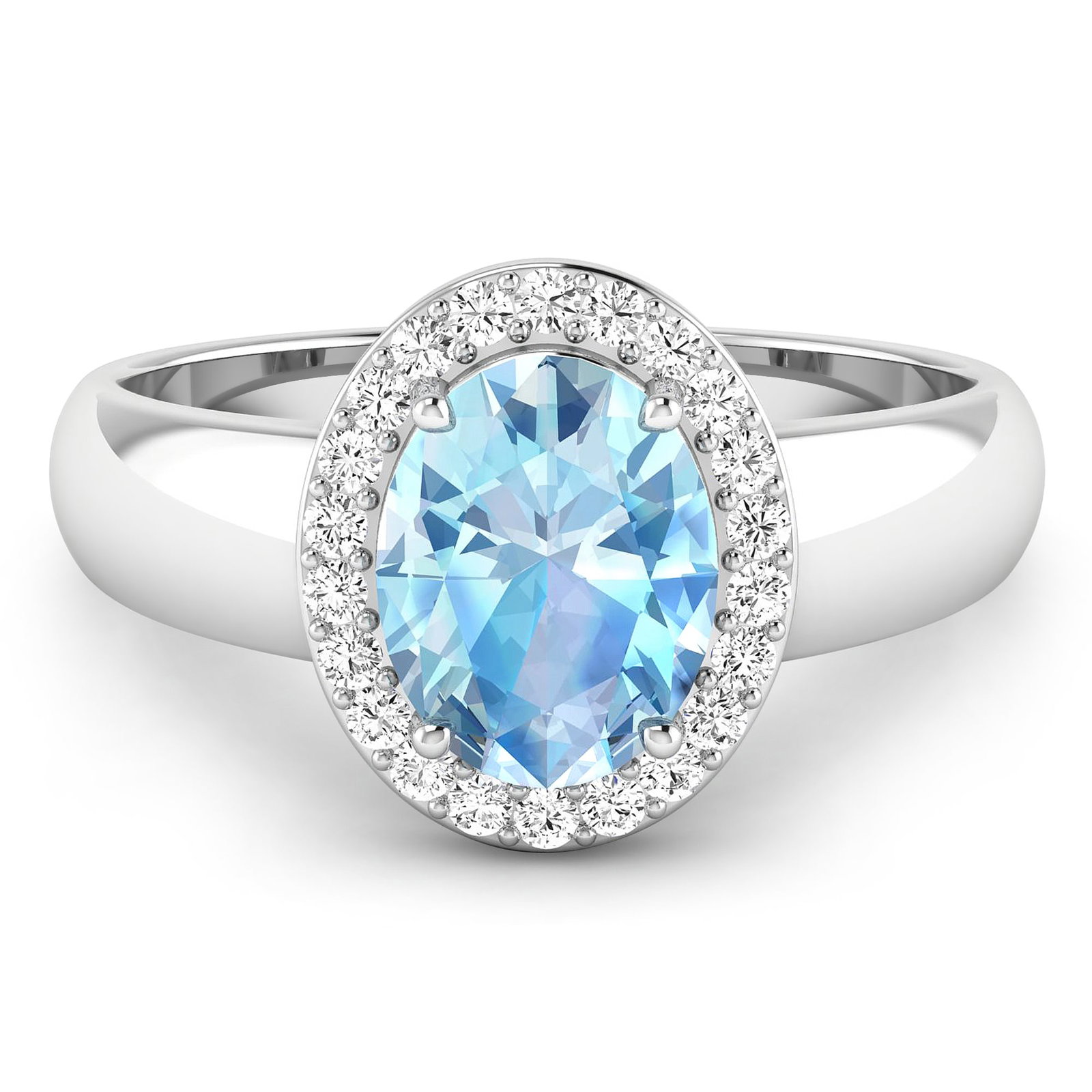 14KT White Gold 1.28ct Aquamarine and Diamond Ring: Aquamarine (AA+) Oval 9x7mm - 1Pc + White Diamond F/C Round 1.30mm - 22Pcs (I1-I2/I color) ( With J Back ). Total weight of gemstone is 1.28cts. Total weight of Diamonds is 0.22cts. Total weight of th