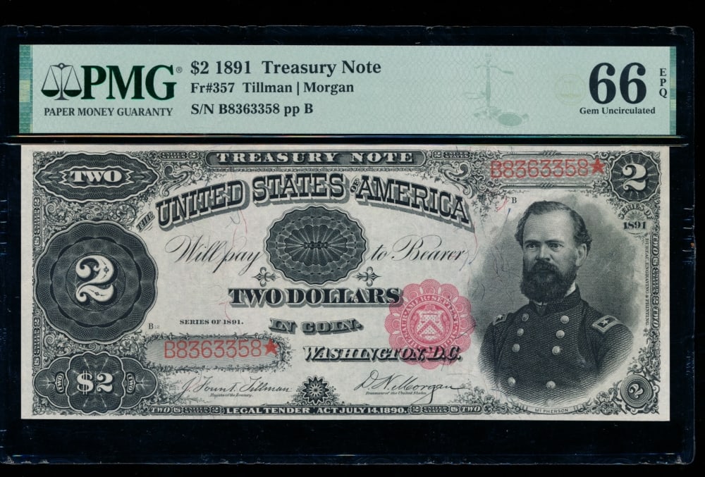1891 $2 Treasury Note PMG 66EPQ