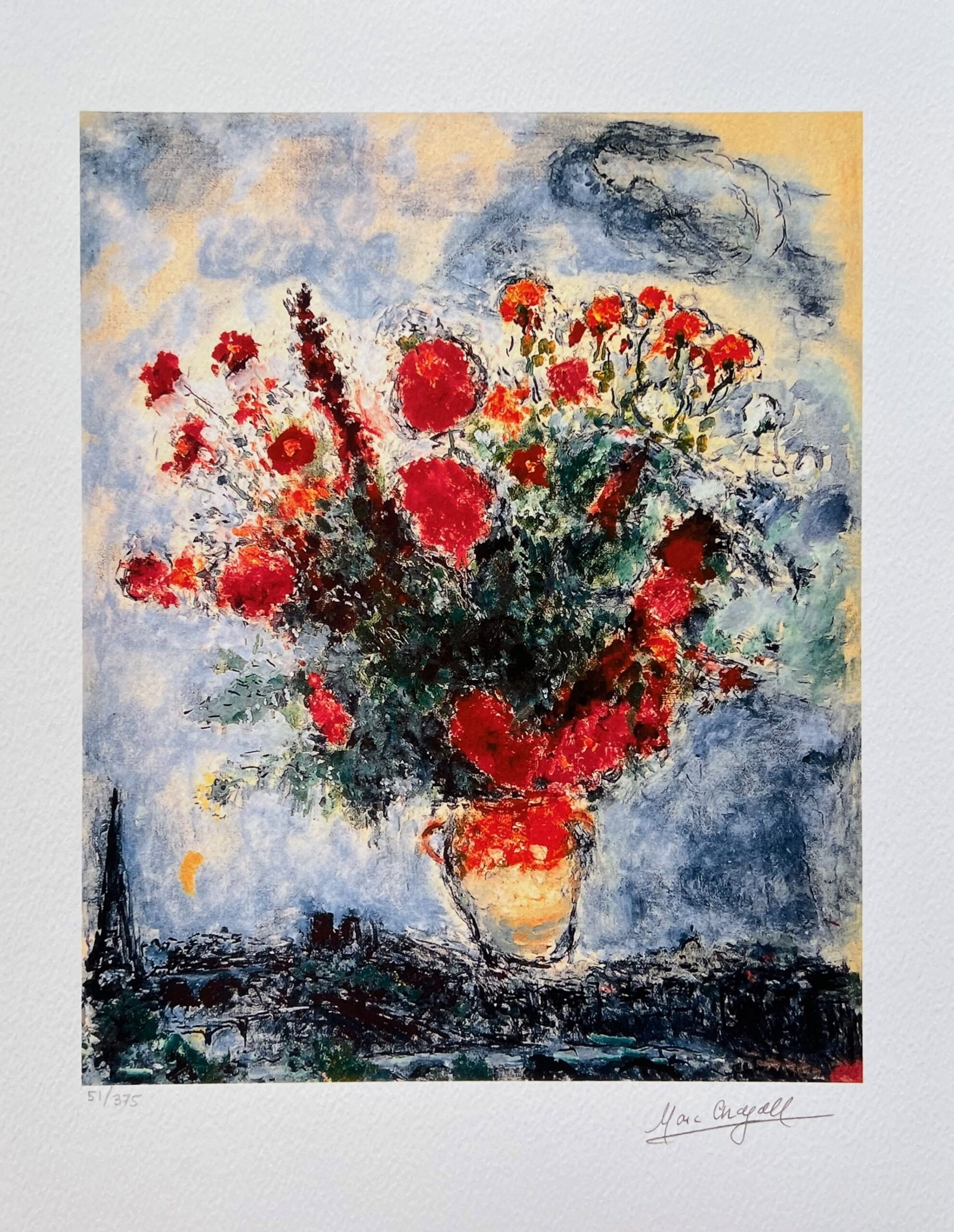 Marc Chagall BOUQUET OVER PARIS Limited Edition Giclee: This is a Marc Chagall limited edition small giclee titled BOUQUET OVER PARIS. This giclee is facsimile signed on the lower right and is pencil numbered on the lower left from an edition of 375. Paper