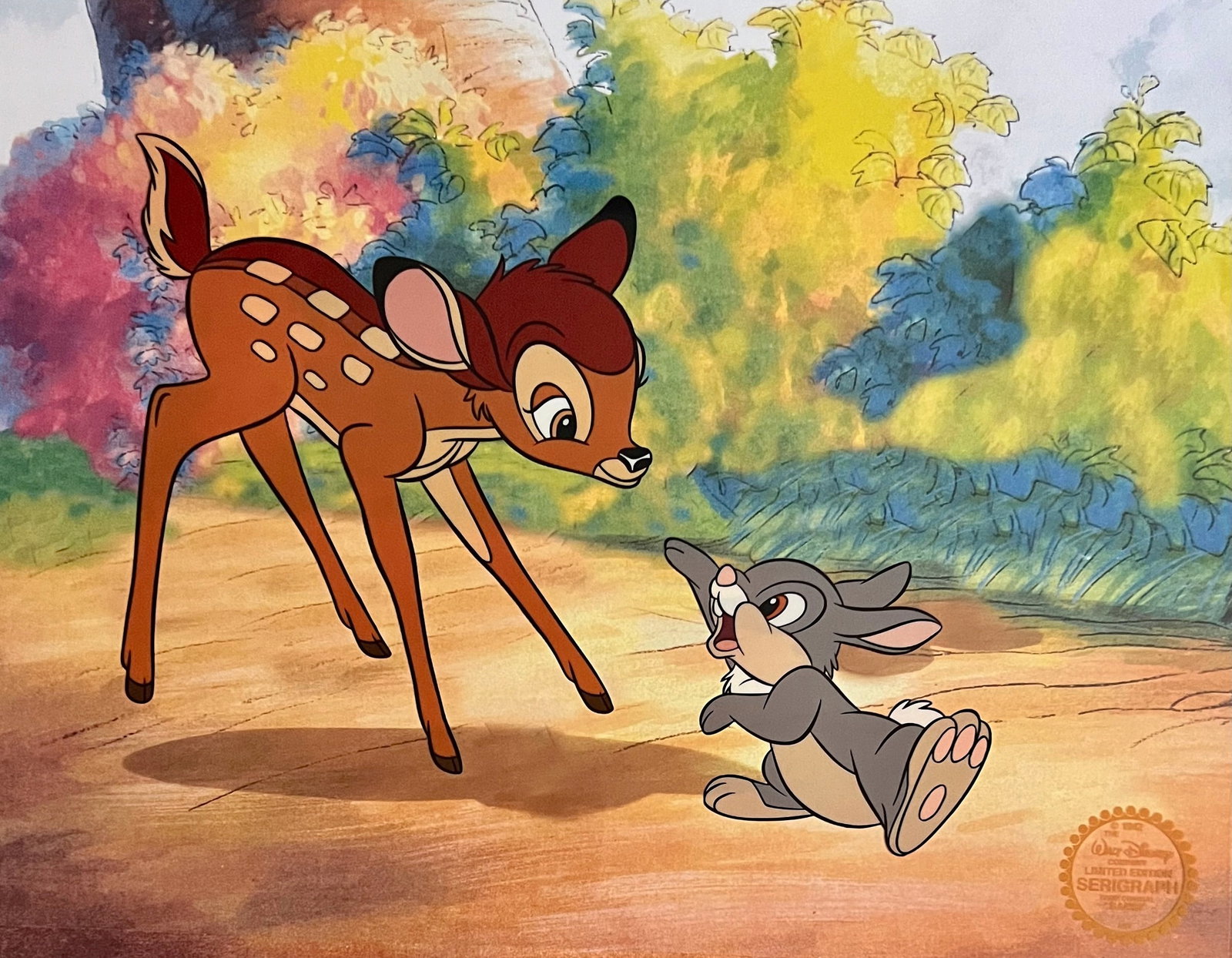 Disney Bambi with Thumper Sericel Animation Art: This is a Disney Limited Edition Serigraph Cel of Bambi and Thumper. From Walt Disney Studios. Disneys own artists have selected this scene from the original animation drawings used to produce this cl