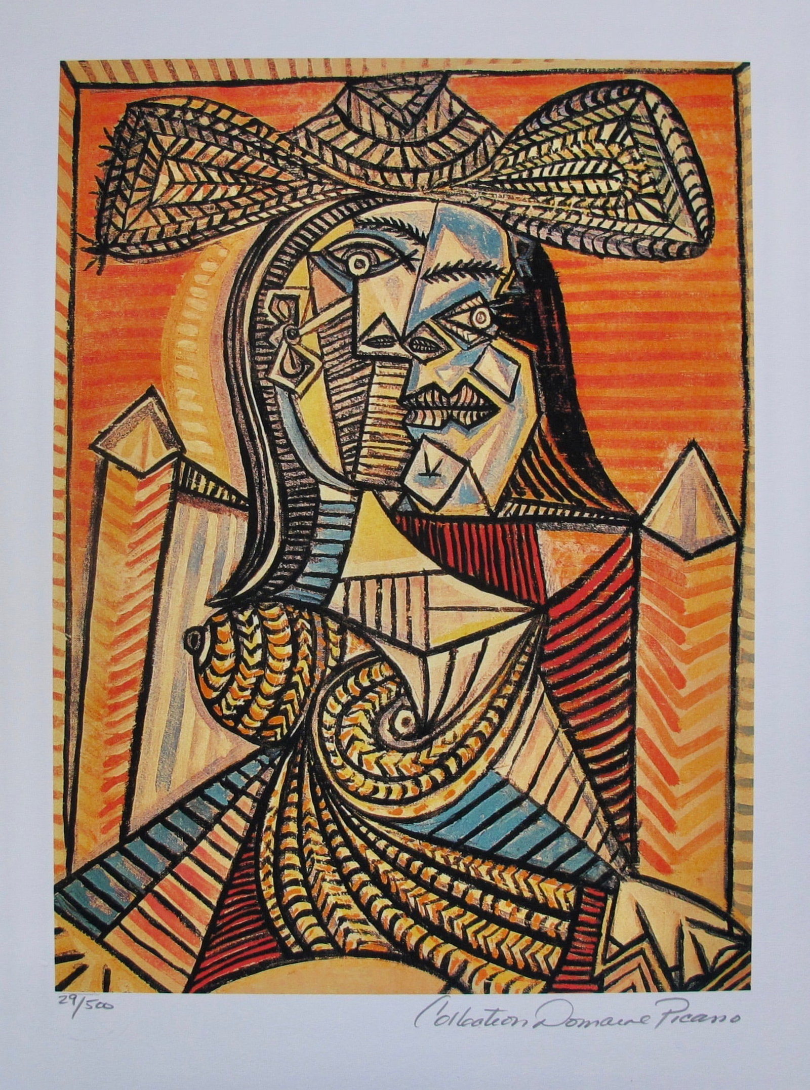 Pablo Picasso WOMAN IN HAT Estate Signed Limited Edition Giclee: This is a PABLO PICASSO (ESTATE COLLECTION DOMAINE) (1881-1973) small giclee titled WOMAN IN HAT. This piece is pencil signed on the lower right as Collection Domaine Picasso and has an embossed seal 