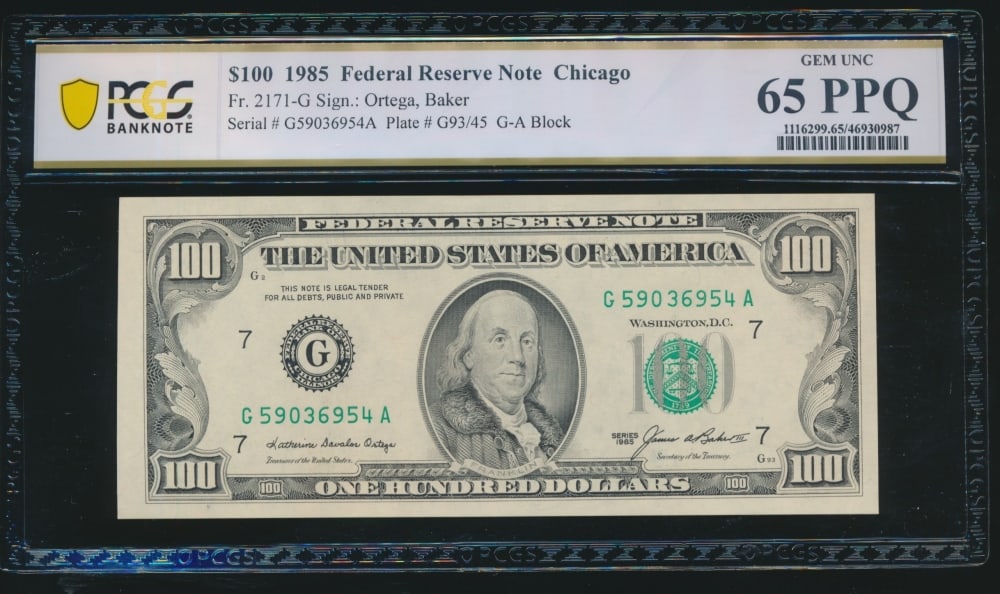 1985 $100 Chicago FRN PCGS 65PPQ (1 of 2)