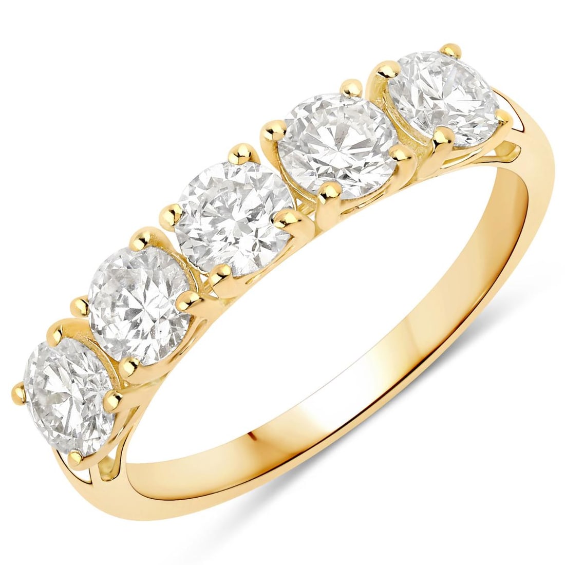 14KT Yellow Gold 1.50ctw Lab Diamond Ring: Crafted in radiant 14K yellow gold, this fine-finish five-stone ring showcases the brilliance of lab-grown diamonds with a total weight of 1.50 carats. Featuring five round diamonds, each 4.30mm in si