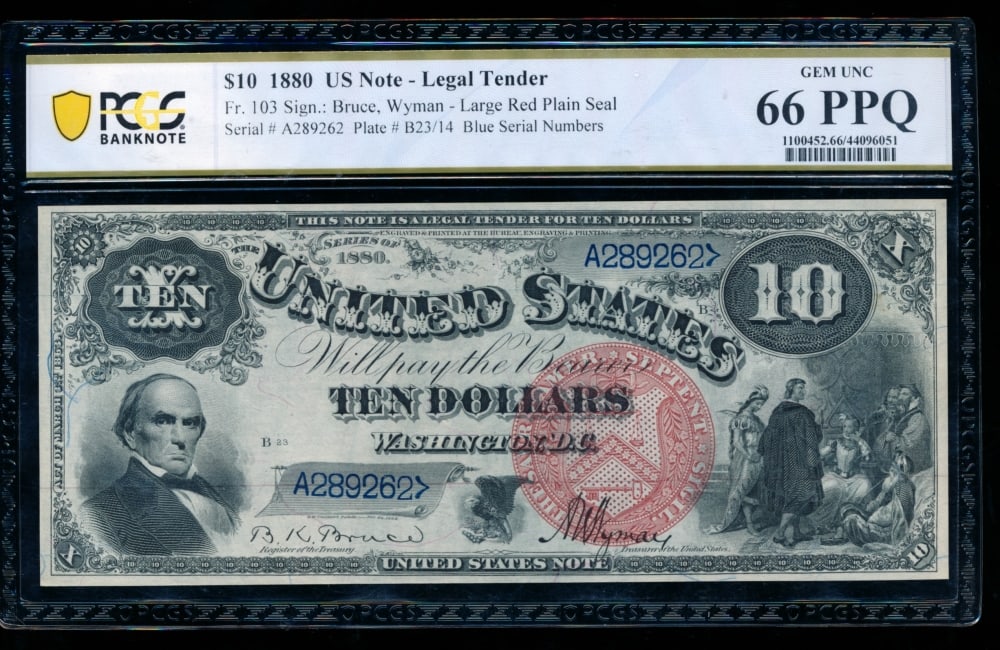 1880 $10 Jackass Legal Tender Note PCGS 66PPQ: One 1880 $10 Jackass Legal Tender Note PCGS 66PPQ.