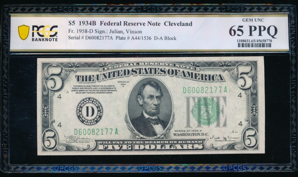 1934B $5 Cleveland FRN PCGS 65PPQ (1 of 2)