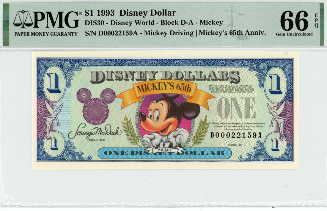 1993 $1 Mickey 65th Anniversary Disney Dollar PMG 66EPQ (1 of 2)