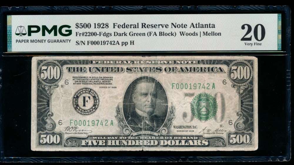 1928 $500 Atlanta FRN PMG 20: One 1928 $500 Atlanta FRN PMG 20.