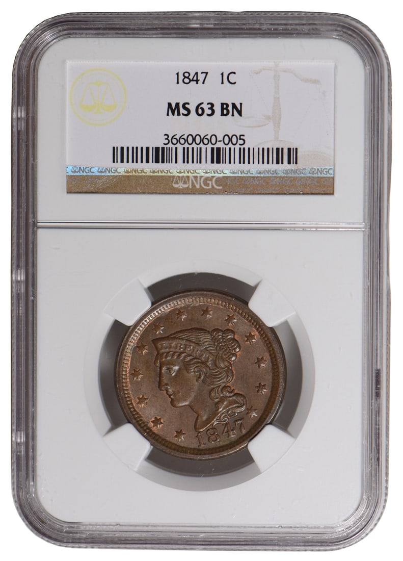 1847 Braided Hair Large Cent NGC MS63: One 1847 Braided Hair Large Cent NGC MS63.