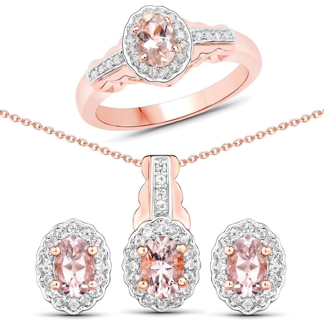 Plated 14KT Rose Gold 1.98ctw Morganite and White Topaz Jewelry Set: This elegant women's jewelry set features a total of 80 stones crafted in .925 sterling silver with a 14K rose gold plated finish. The set showcases four natural oval-shaped morganite gemstones, each 
