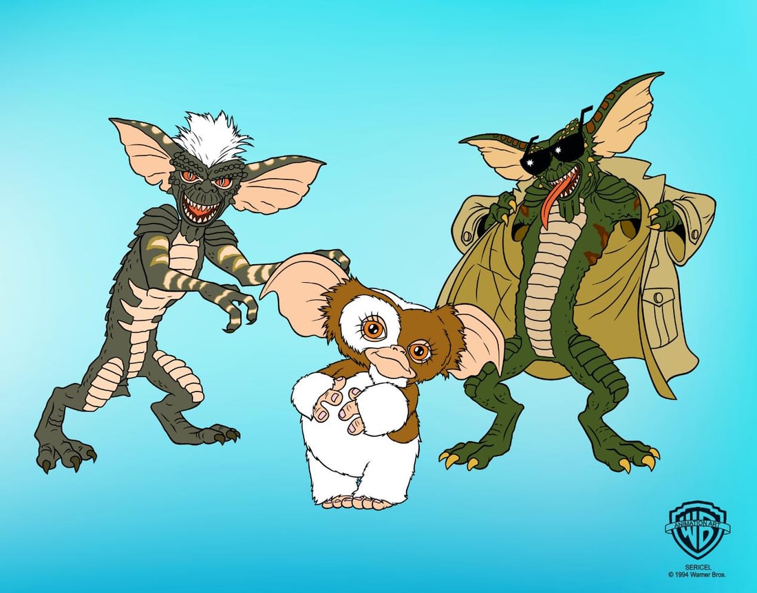 Gremlins Gizmo Sericel Warner Bros Animation Art Cel: This is a rare limited edition sericel titled The Three Amigos from the 1990 comedy horror movie, Gremlins 2, The New Batch. The image features animated versions of Gizmo the cute Mogwai in the center