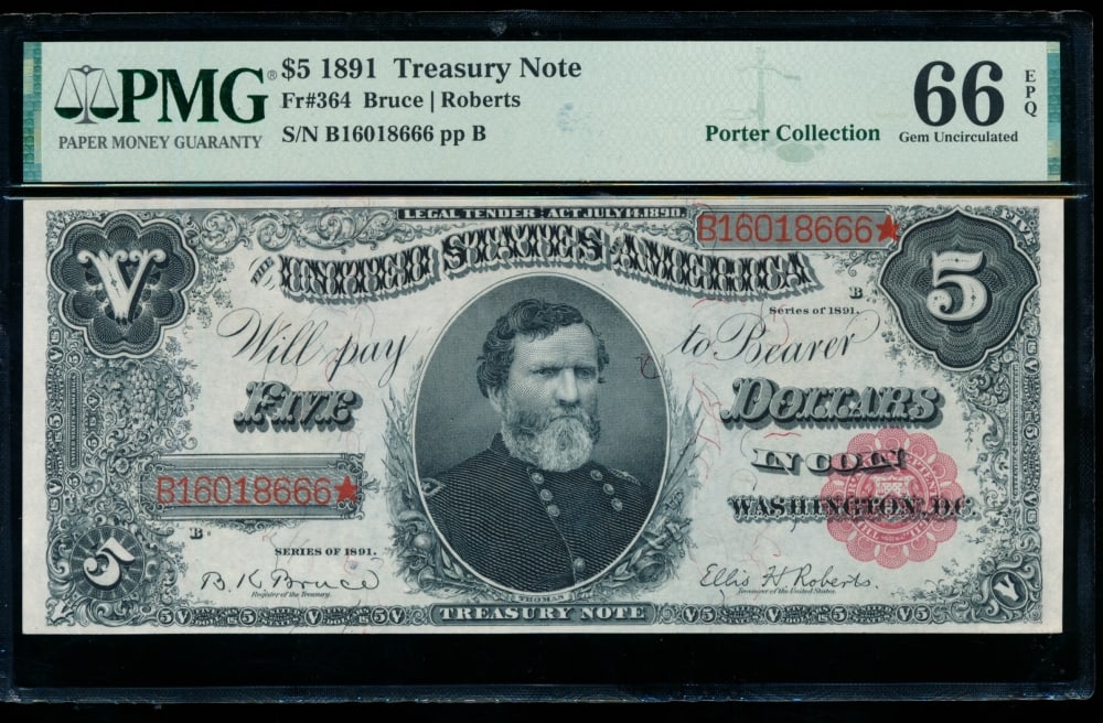1891 $5 Treasury Note PMG 66EPQ: One 1891 $5 Treasury Note PMG 66EPQ.