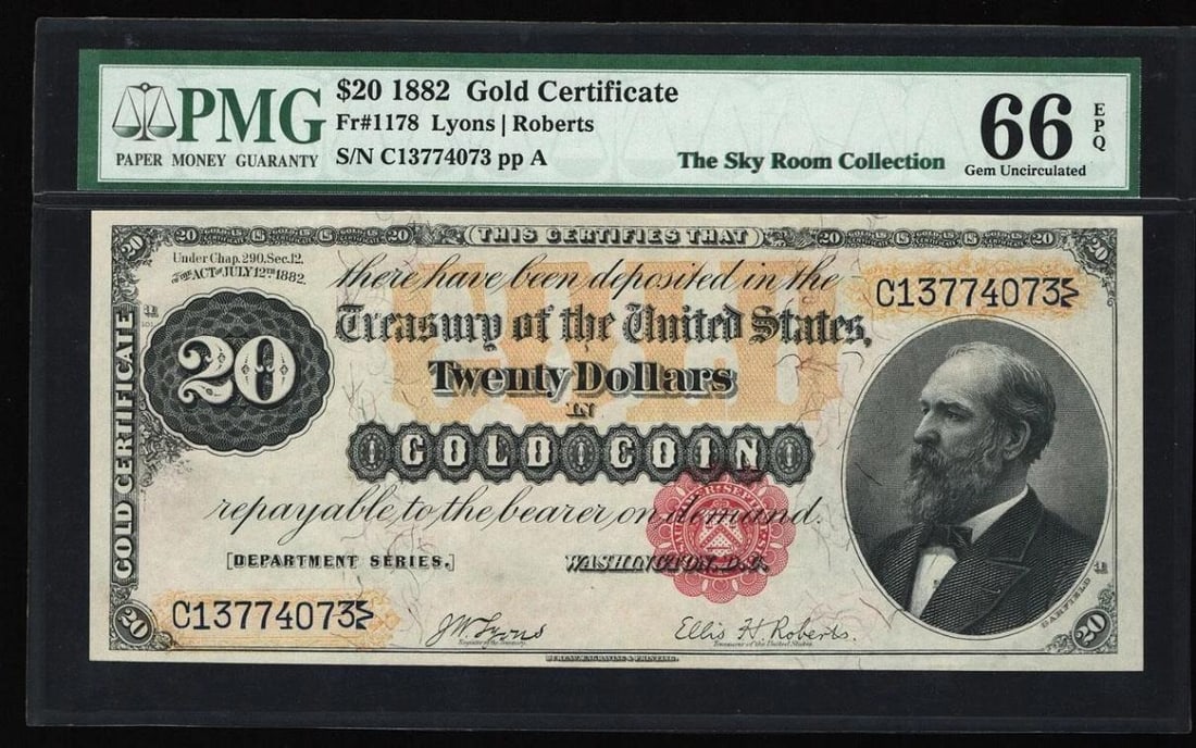 1882 $20 Gold Certificate PMG 66EPQ: One 1882 $20 Gold Certificate PMG 66EPQ.