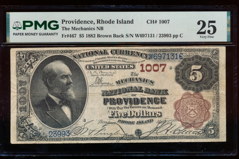 1882 $5 Providence RI National PMG 25: One 1882 $5 Providence RI National PMG 25.
