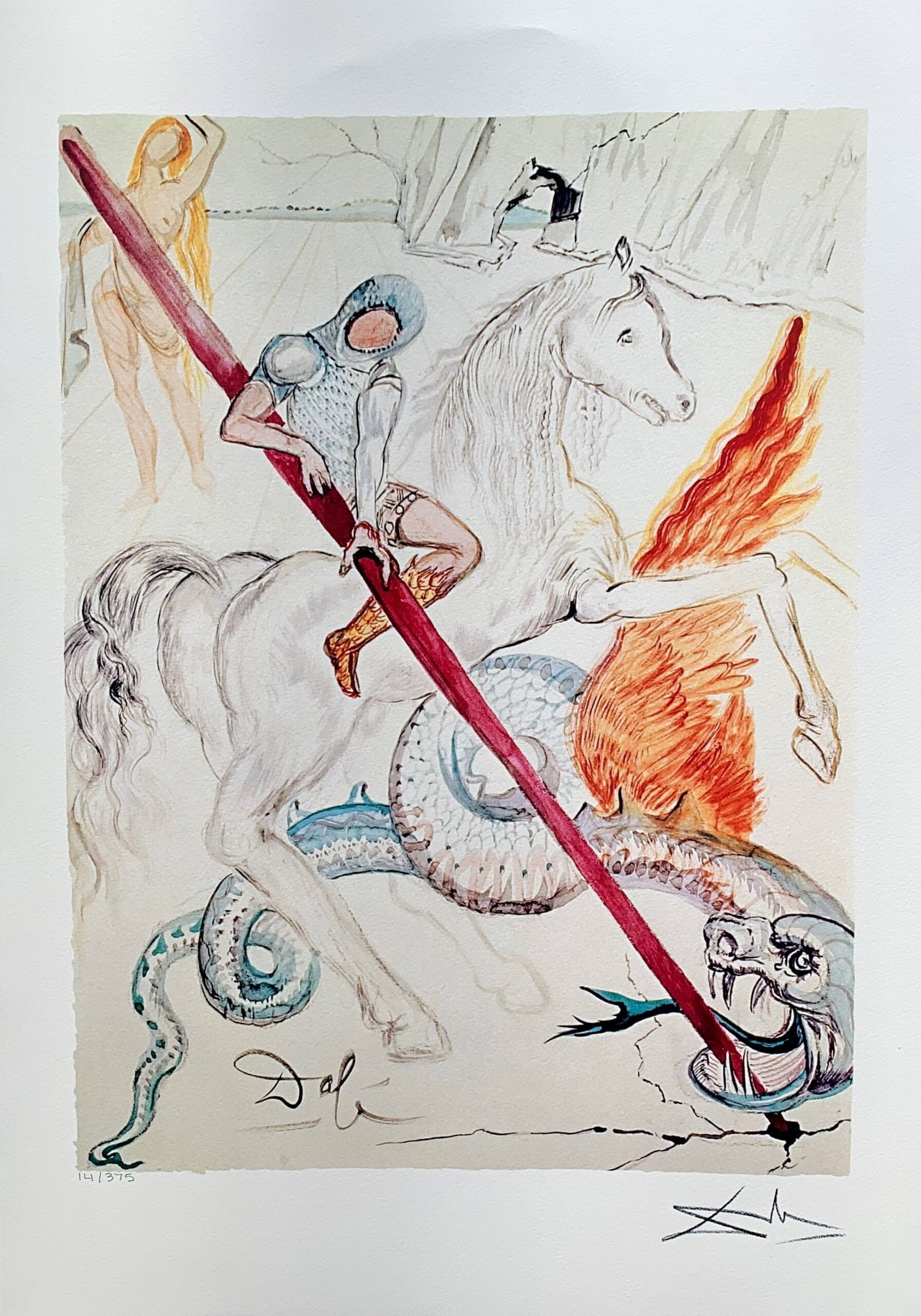 Salvador Dali ST GEORGE & THE DRAGON Facsimile Signed Limited Edition Giclee: This is a limited edition giclee titled ST GEORGE & THE DRAGON by Salvador Dali. This piece is facsimile signed on the lower right. Pencil numbered from an edition of 375. Paper measures 17 inches x 2