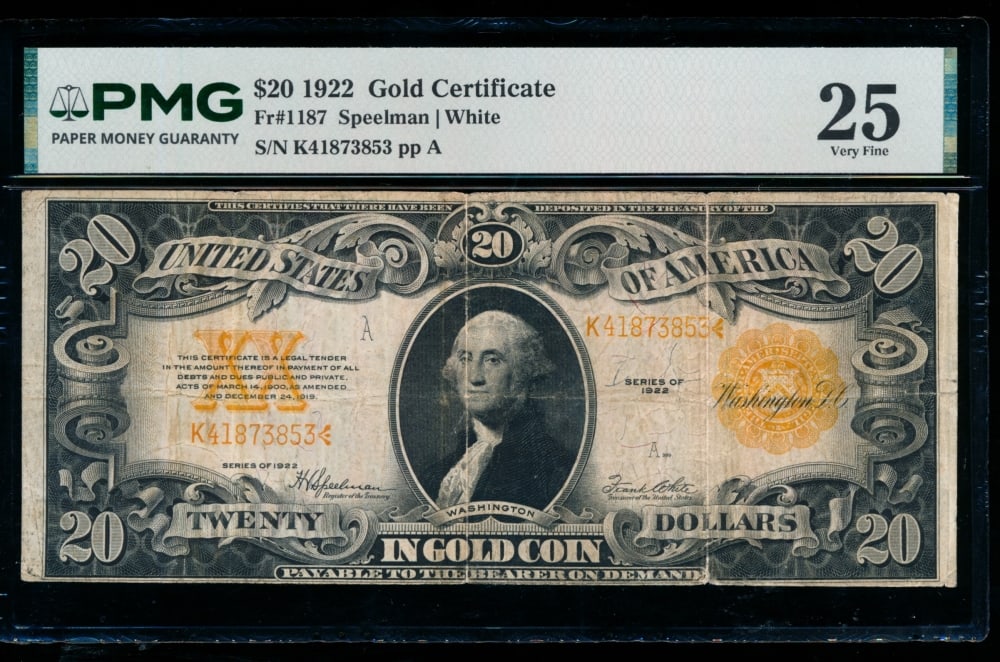 1922 $20 Gold Certificate PMG 25