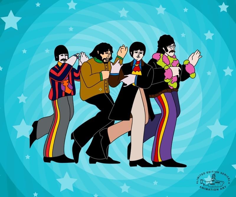The Beatles YELLOW SUBMARINE Sericel Animation Art Cel: This is a rare limited edition sericel titled Nowhere Man from the 1968 animated film Yellow Submarine. The image features animated versions of The Beatles: Paul McCartney, George Harrison, Ringo Star
