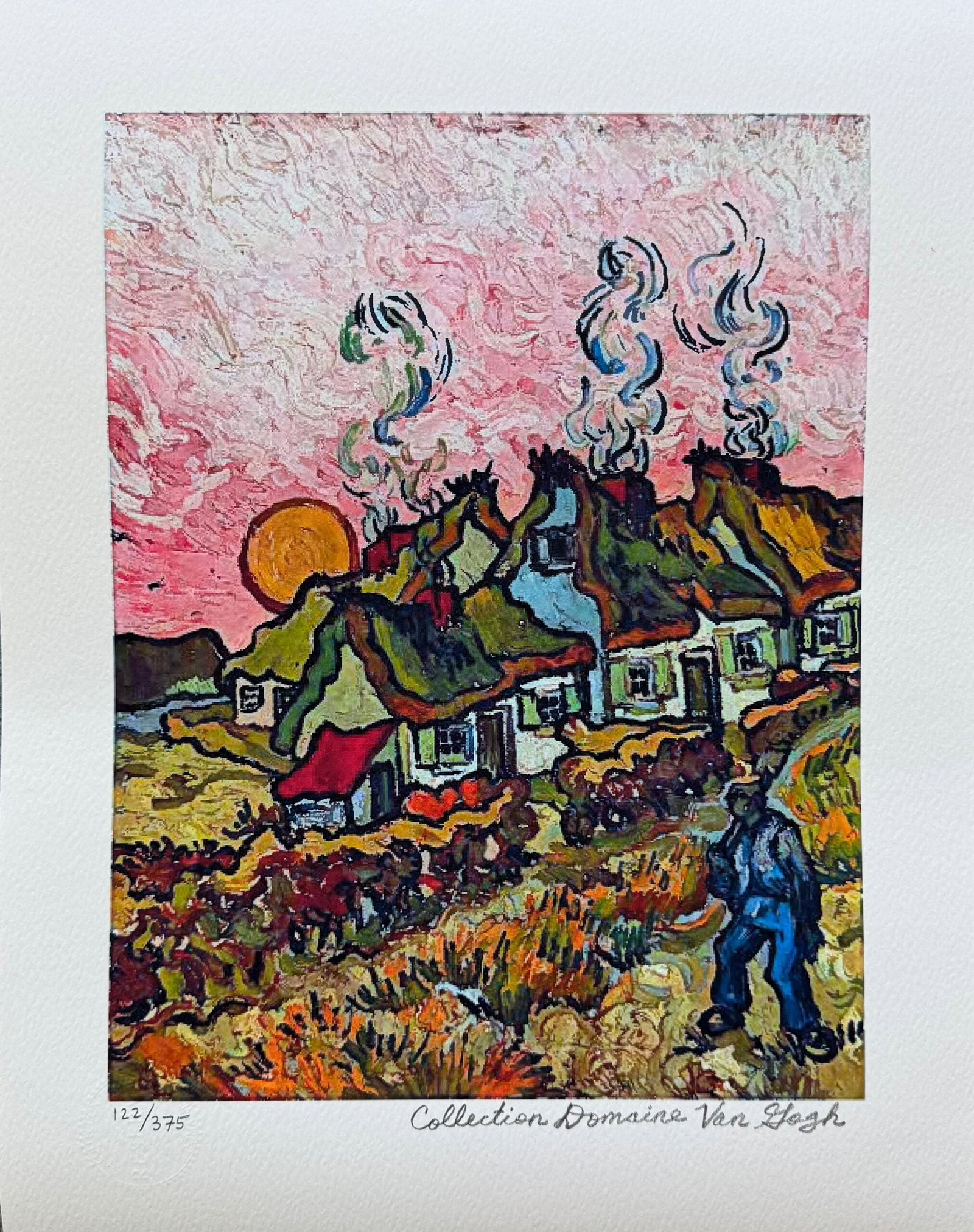 Vincent Van Gogh THATCHED COTTAGES Estate Signed Limited Edition Giclee: This is a VINCENT VAN GOGH (ESTATE COLLECTION DOMAINE) reproduction giclee titled Thatched Cottages in the Sunshine. This piece is pencil signed on the lower right as Collection Domaine Van Gogh and h