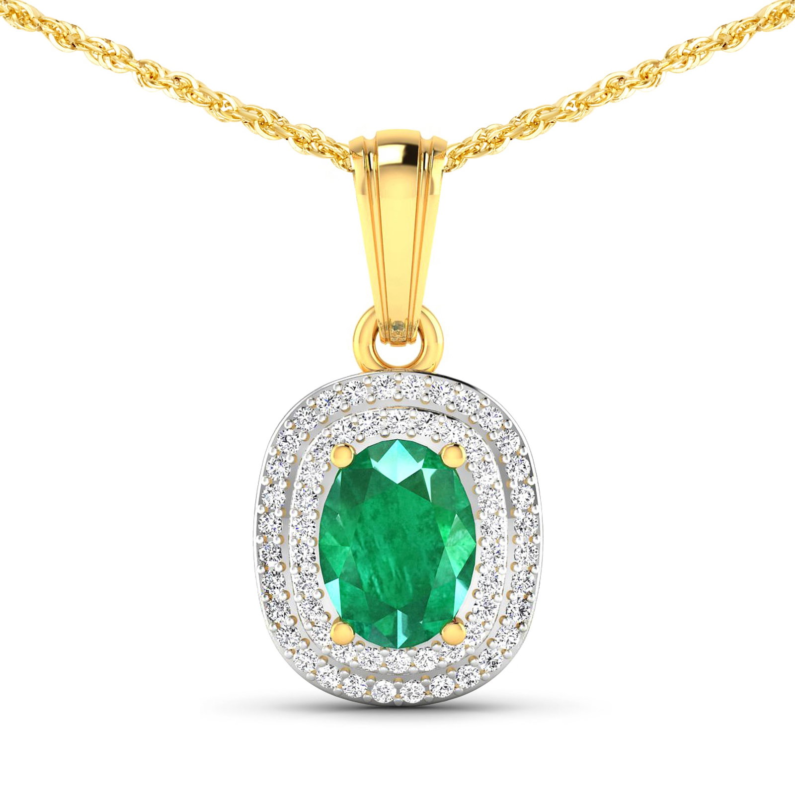 14KT Yellow Gold 1.00ct Emerald and Diamond Pendant with Chain: (1) Oval Zambian Emerald stone with a total weight of 1.00ct. (58) round Diamonds with a total weight of 0.26cts with a color of (i) and a clarity of i1-i2. Total weight of this pendant with chain is 