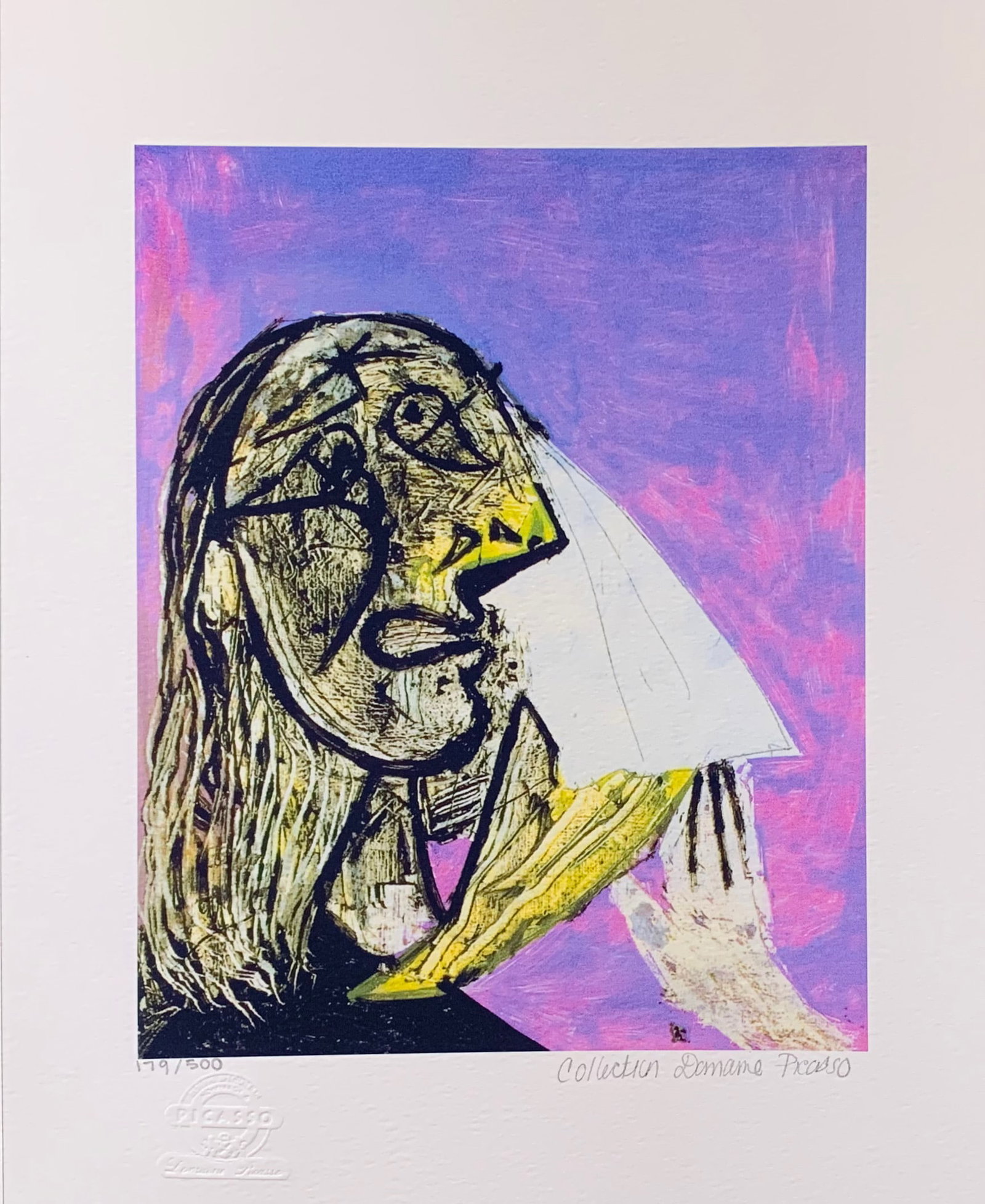 Pablo Picasso CRYING WOMAN Estate Signed Limited Edition Giclee: This is a PABLO PICASSO (ESTATE COLLECTION DOMAINE) (1881-1973) small giclee titled Crying Woman. This piece is pencil signed on the lower right as Collection Domaine Picasso and has an embossed seal