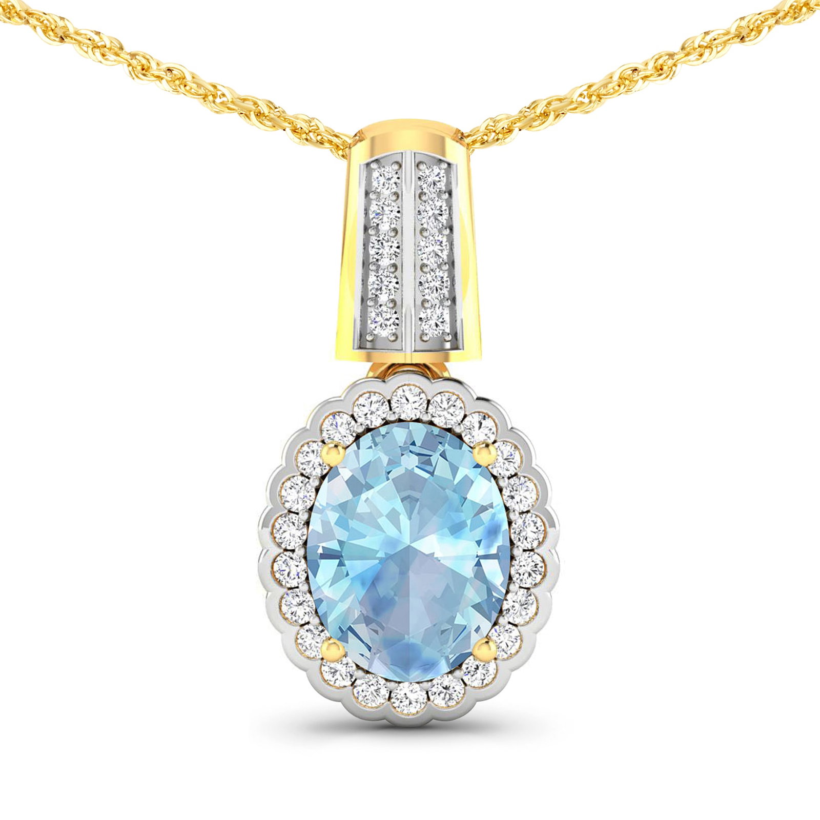 14KT Yellow Gold 1.4ctw Aquamarine and Diamond Pendant: Aquamarine Oval 9x7mm - 1Pc + White Diamond F/C Round 1.20mm - 22Pcs + White Diamond F/C Round 1.00mm - 10Pcs (I1-I2/I color) Total weight of gemstone is 1.4cts. Total Diamond weight is 0.22cts.