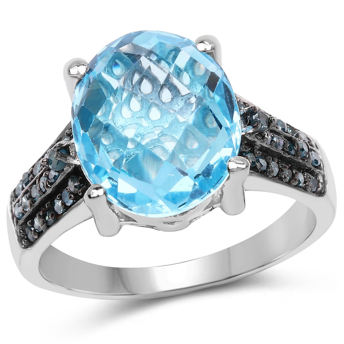 Rhodium Plated 5.51ctw Blue Topaz and Blue Diamond Ring: 12x10mm oval Swiss blue topaz (5.25ctw) centers this rhodium plated .925 sterling silver cocktail ring, accented by thirty six round blue diamonds two at 1.50mm (0.03ctw) and thirty four at 1.10mm (0.