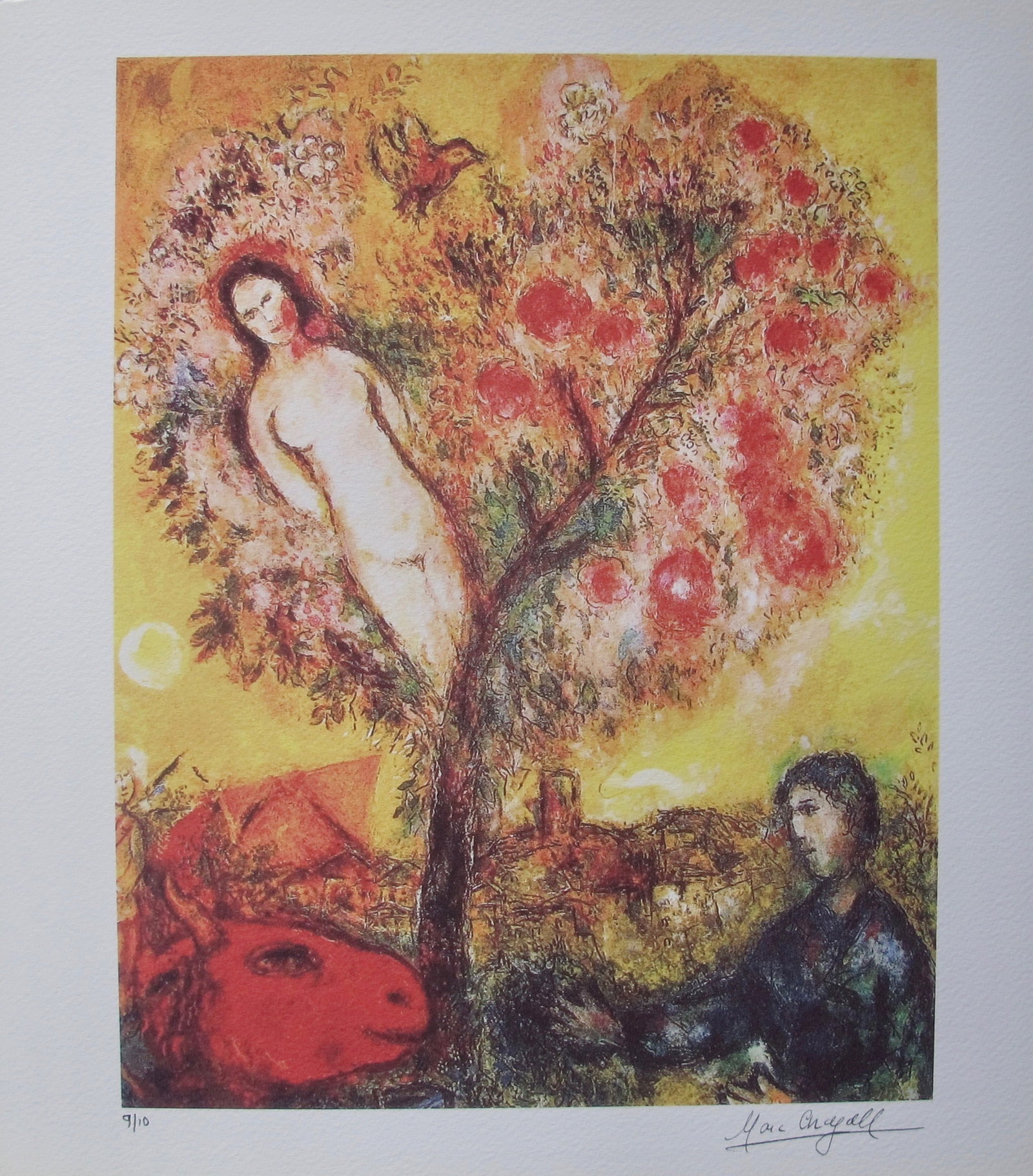 Marc Chagall TREE OVER VILLAGE Limited Edition Facsimile Signed Giclee: This is a Marc Chagall limited edition extra small giclee titled TREE OVER VILLAGE. This giclee is facsimile signed on the lower right and is pencil numbered on the lower left from an edition of only 