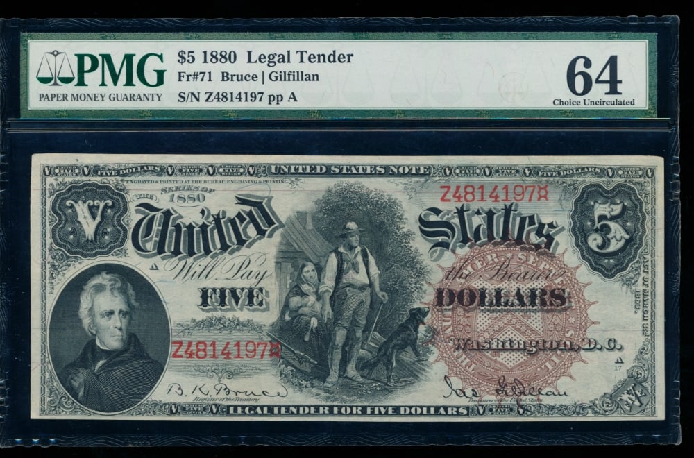 1880 $5 Legal Tender Note PMG 64: One 1880 $5 Legal Tender Note PMG 64.